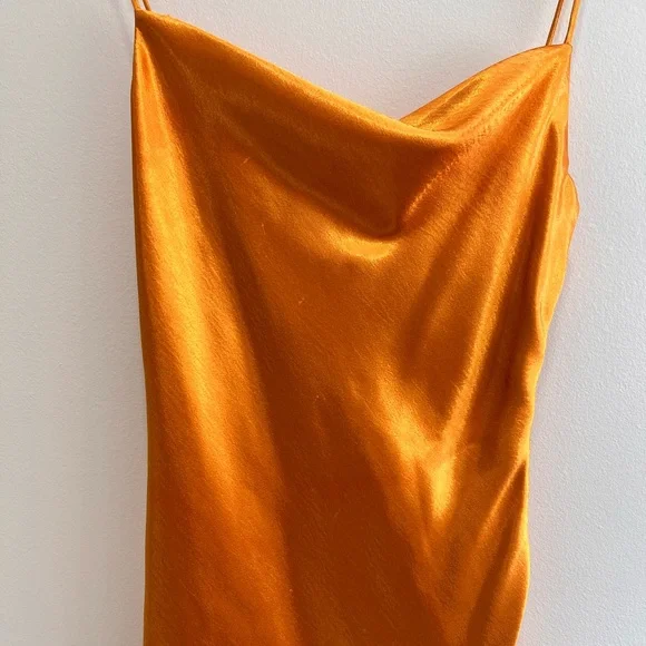 Cinq a Sept Ryder Satin Mini Slip Dress Cowl Neck Knotted Tie Orange Bronze, 6 - Picture 3 of 16